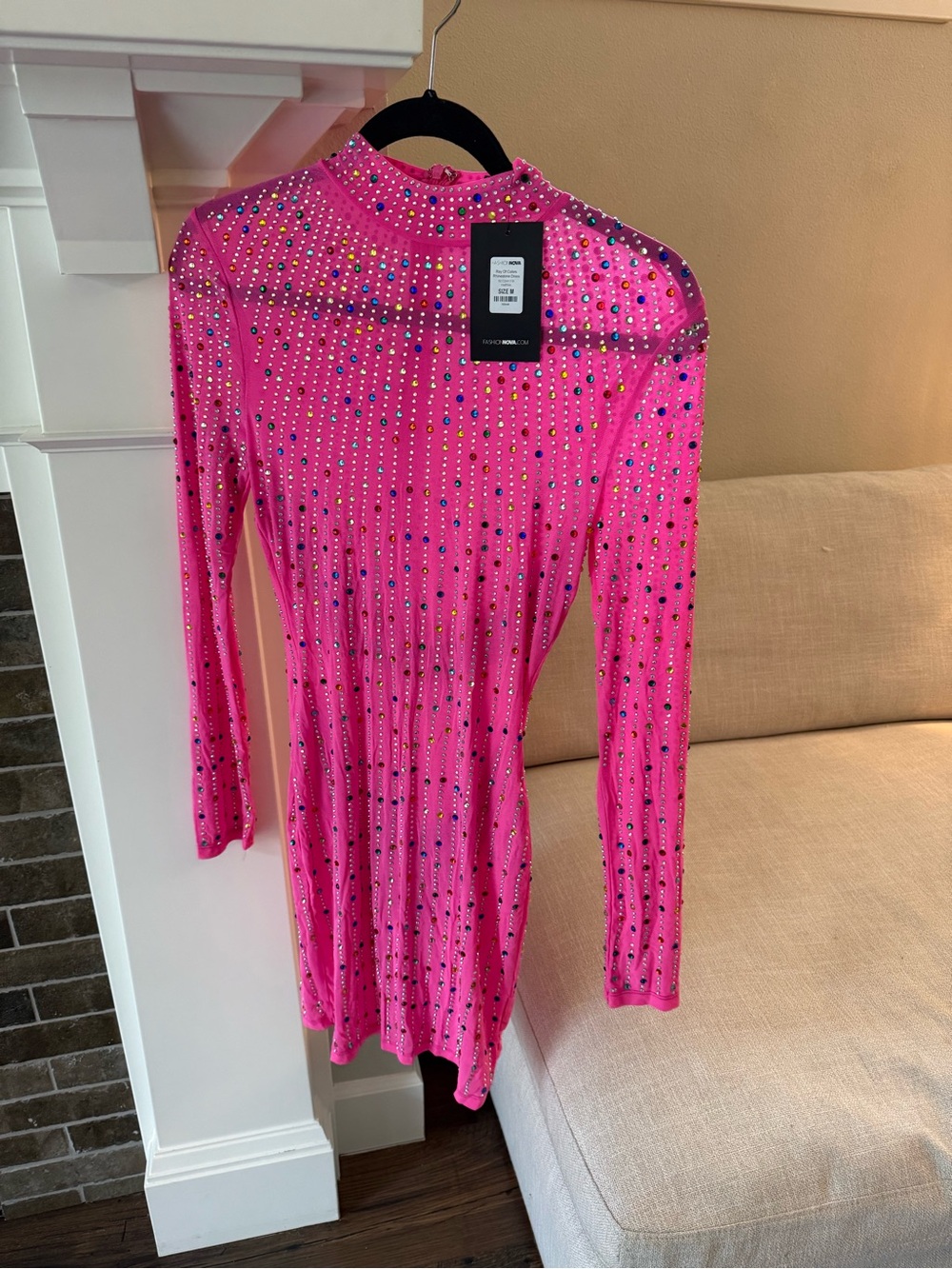 Fashion Nova Hot Pink Rhinestone 'Ray of Colors' Mini Dress